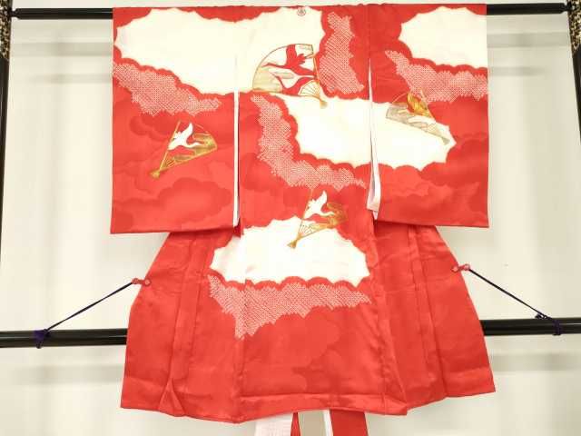 平和屋着物女の子　祝着　産着　初着　のしめ　お宮詣り　駒刺繍　絞り　扇面飛鶴文　金彩　逸品　DAAG7491ma