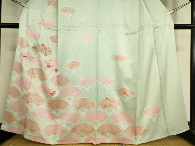 平和屋着物▽訪問着　単衣　絞り　刺繍　扇面吉祥花文　金彩　正絹　逸品　DAAQ3593az 平和屋着物▽訪問着 単衣 絞り 刺繍 扇面吉祥花文 金彩 正絹