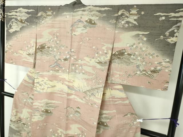 平和屋着物●生紬　訪問着　風景花文　金彩　鈴乃屋扱い　正絹　逸品　DAAX4464ps 平和屋着物○生紬 訪問着 風景花文 金彩 鈴乃屋扱い 正絹 逸品