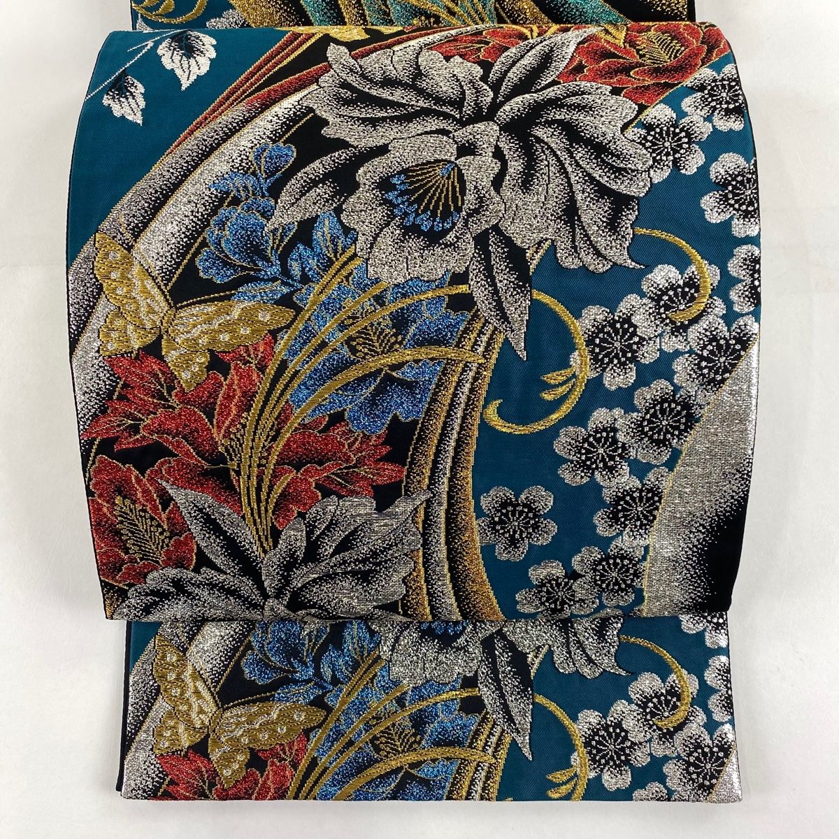 袋帯 秀品 草花 蝶 金糸 箔 深緑 六通 正絹