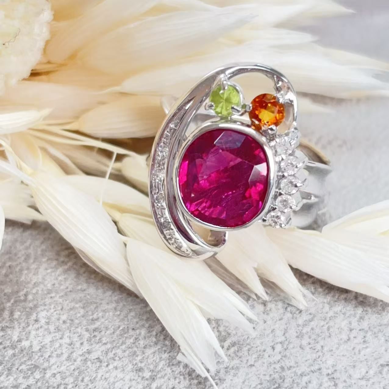 K18WG ルベライト ダイヤモンドリング T 3.29ct D 1.44ct