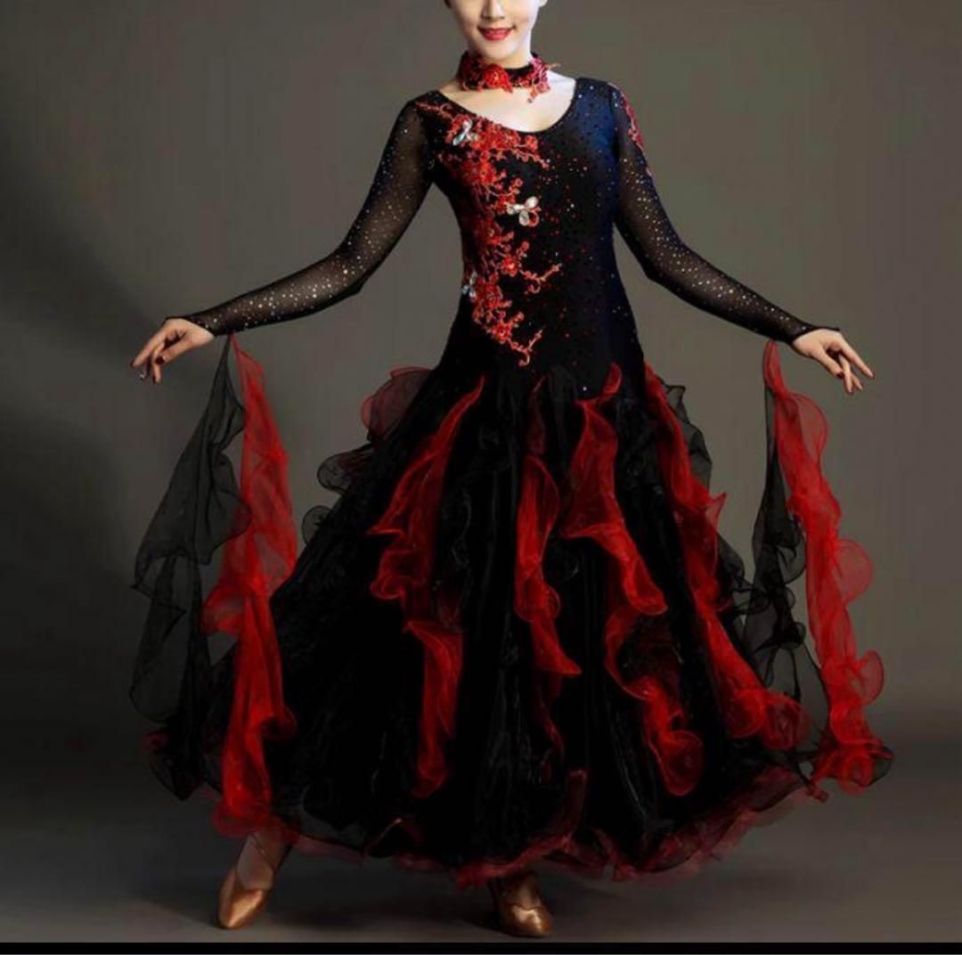 社交ダンス 大きい裾 赤黒 豪華競技着 スタンダードドレス モダン