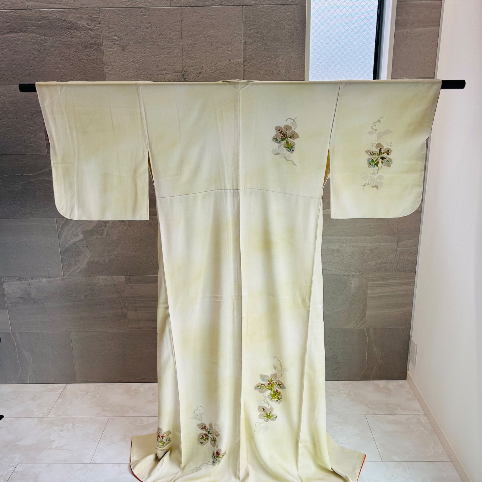 着物 帯 セット 付け下げ ベージュ系 袋帯 ブラウン系 上品 花 秋 中古 