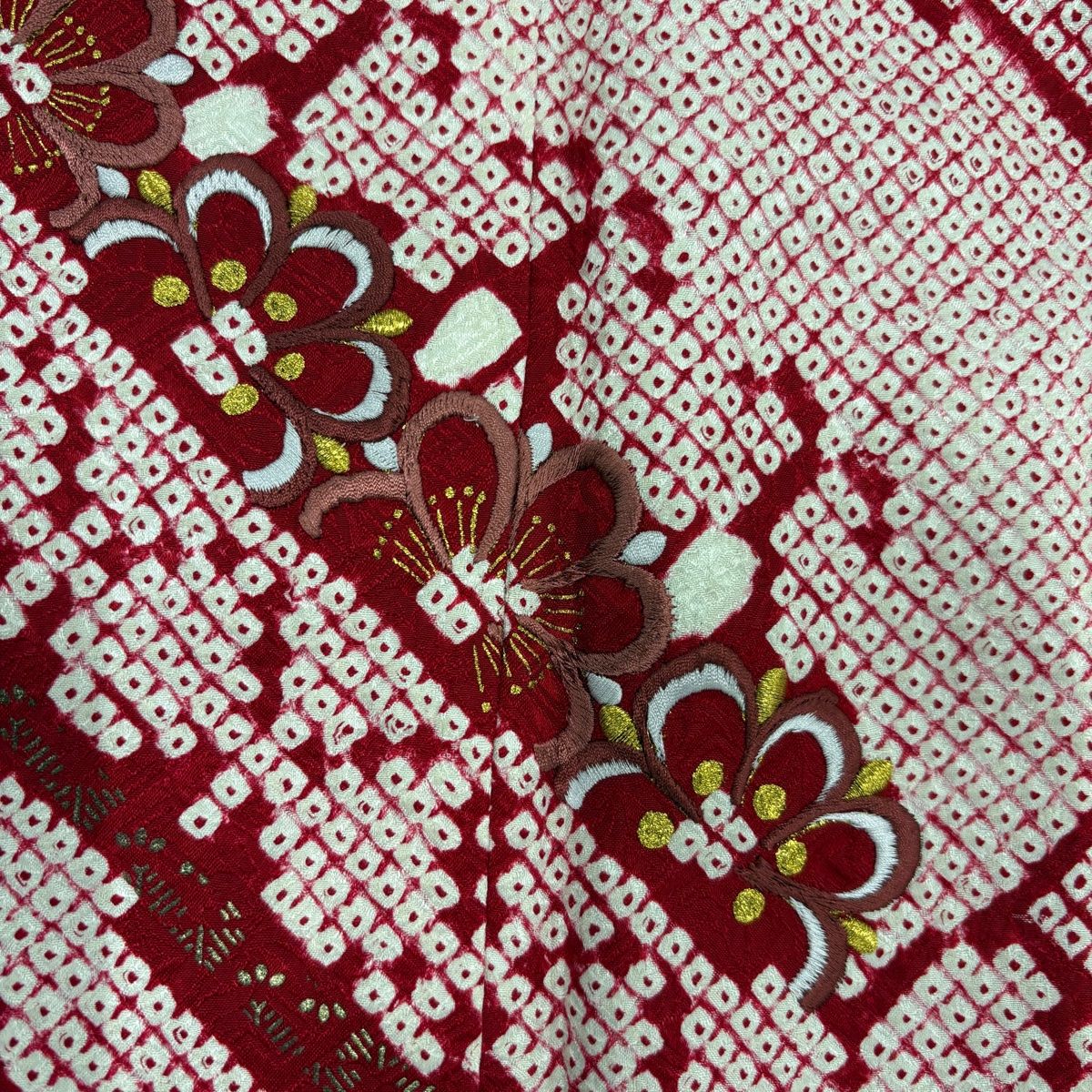 振袖 身丈173.5cm 裄丈71.5cm L 袷 熨斗 花 刺繍 総絞り 赤 正絹 名品  