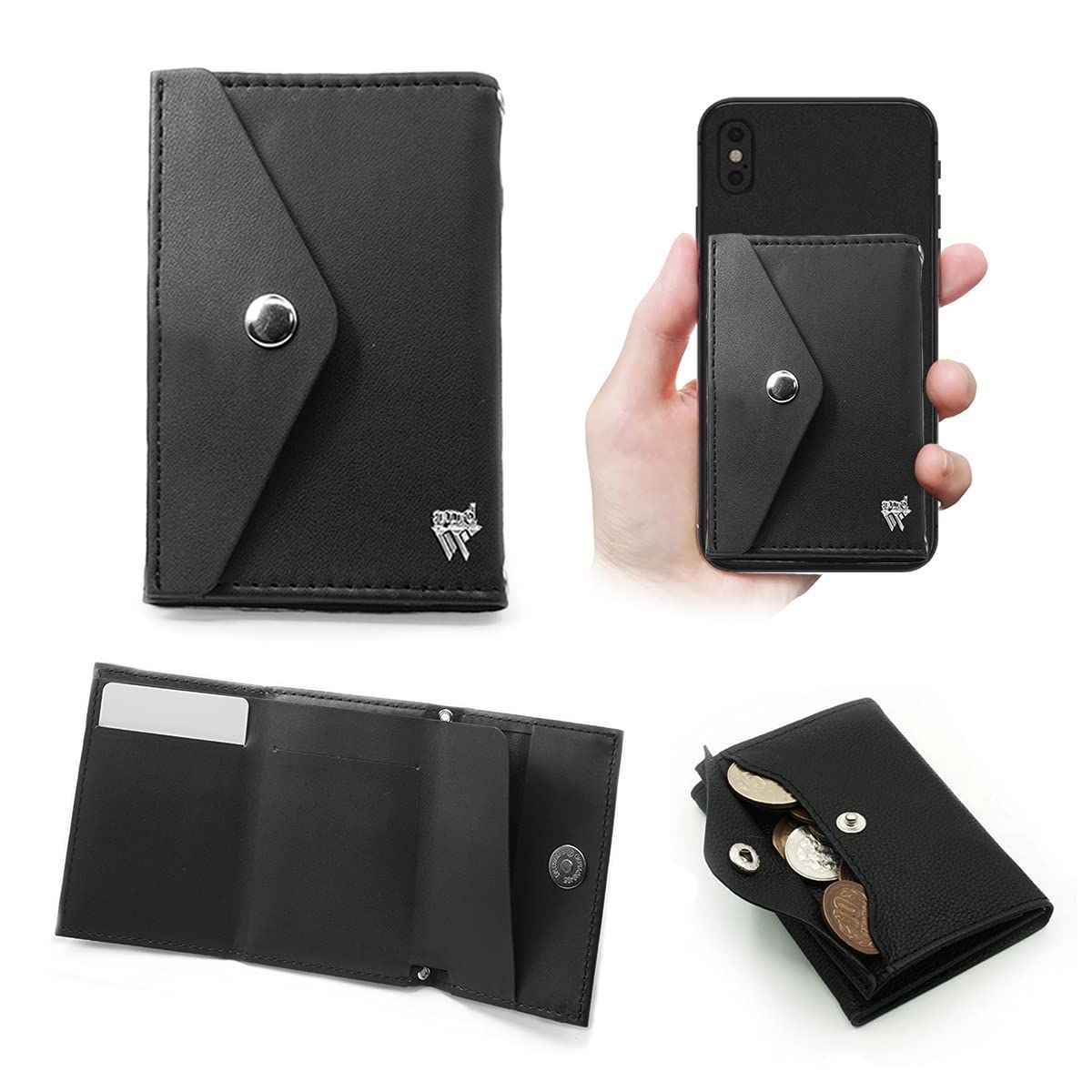 SANBASHI PUレザー ミニマム財布 and W スマホ取付OK iPhone|android 繰り返し取外しできる ミニマル 財布 コンパクト財布 ミニ財布 ブラック