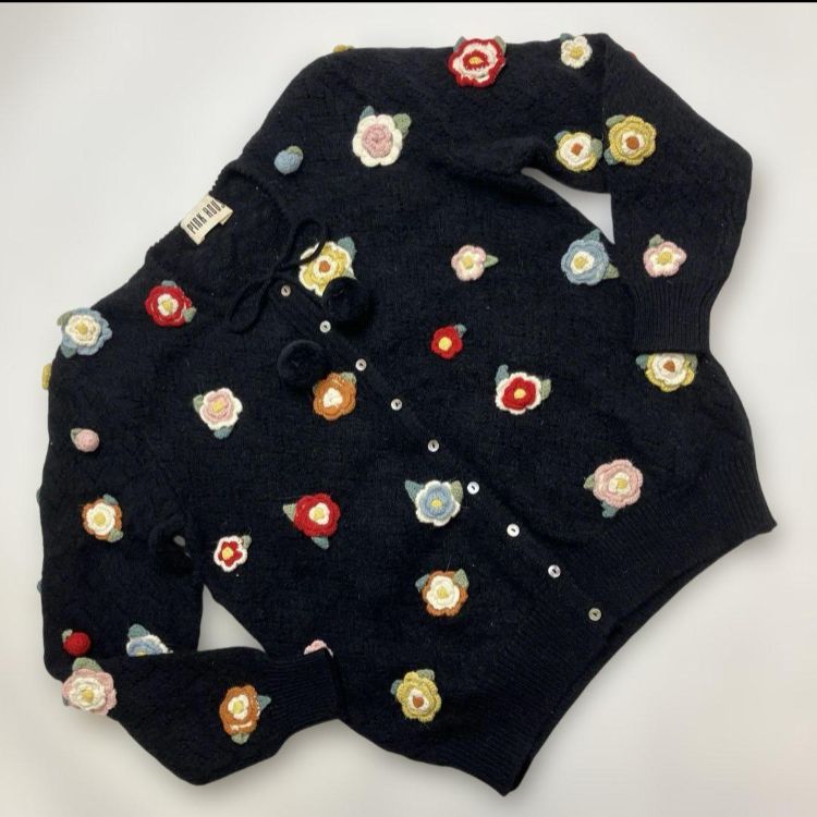 ピンクハウス 黒 カラフルお花モチーフ使い ニットカーディガン