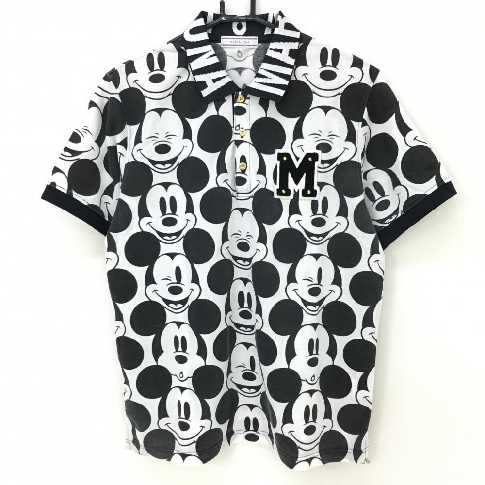 マークアンドロナ×Disney 半袖ポロシャツ 白×黒 ミッキー総柄 メンズ XL ゴルフウェア MARK＆LONA