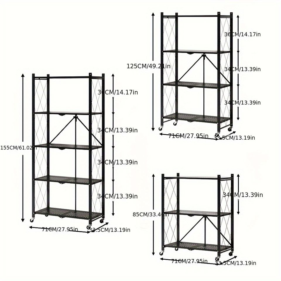折りたたみ式 キャスター付き ステンレス製ラック 5層の黒