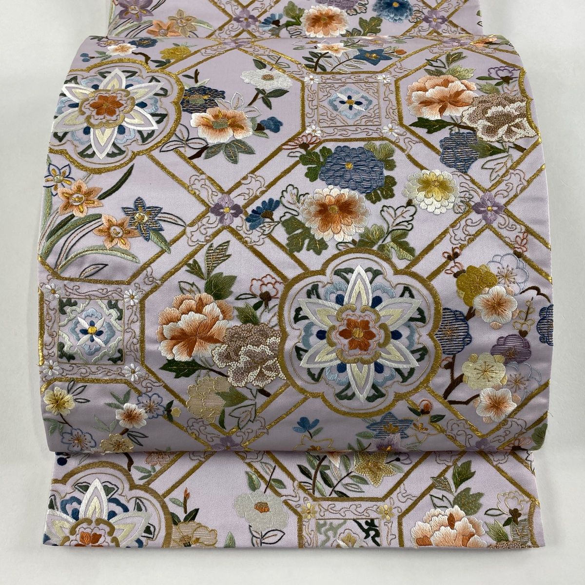 袋帯 華文 格天井 刺繍 金糸 薄紫 六通 正絹