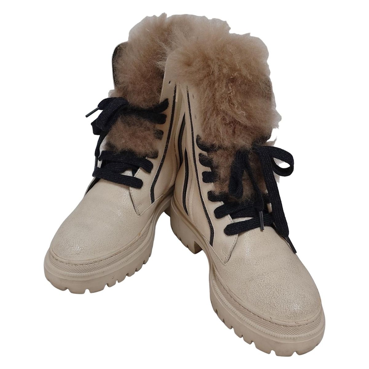 ブルネロクチネリ ショートブーツ 35 レディース - ベージュ×黒×ダークブラウン レースアップ レザー ファー