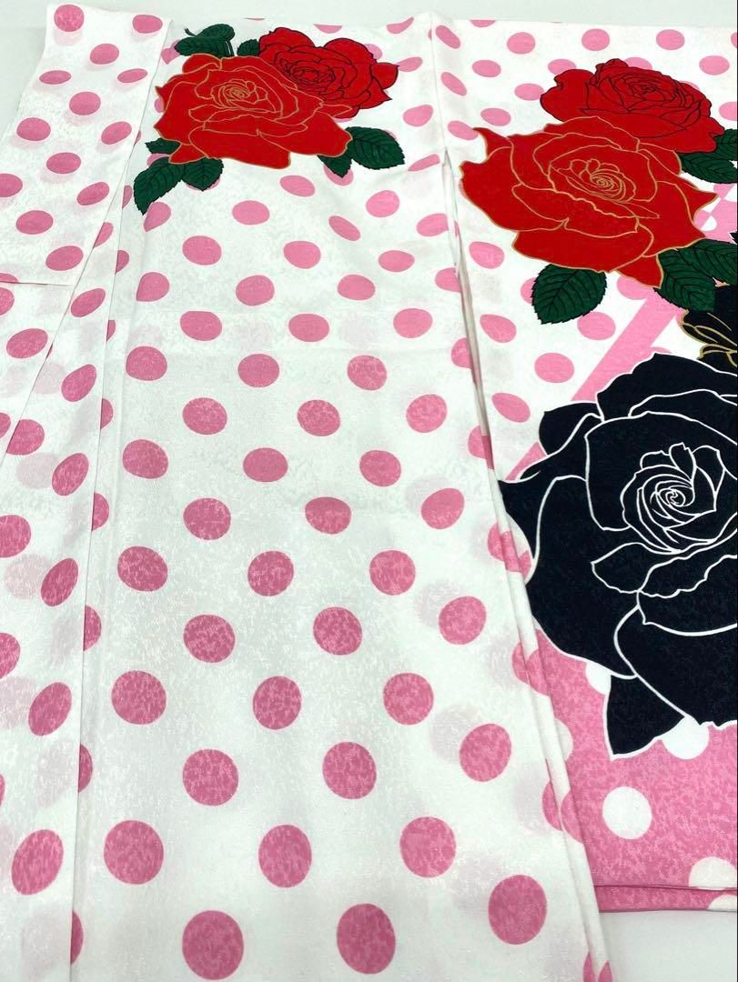 2尺袖 ポリエステル着物 薔薇 水玉 金彩 紋意匠 袴用