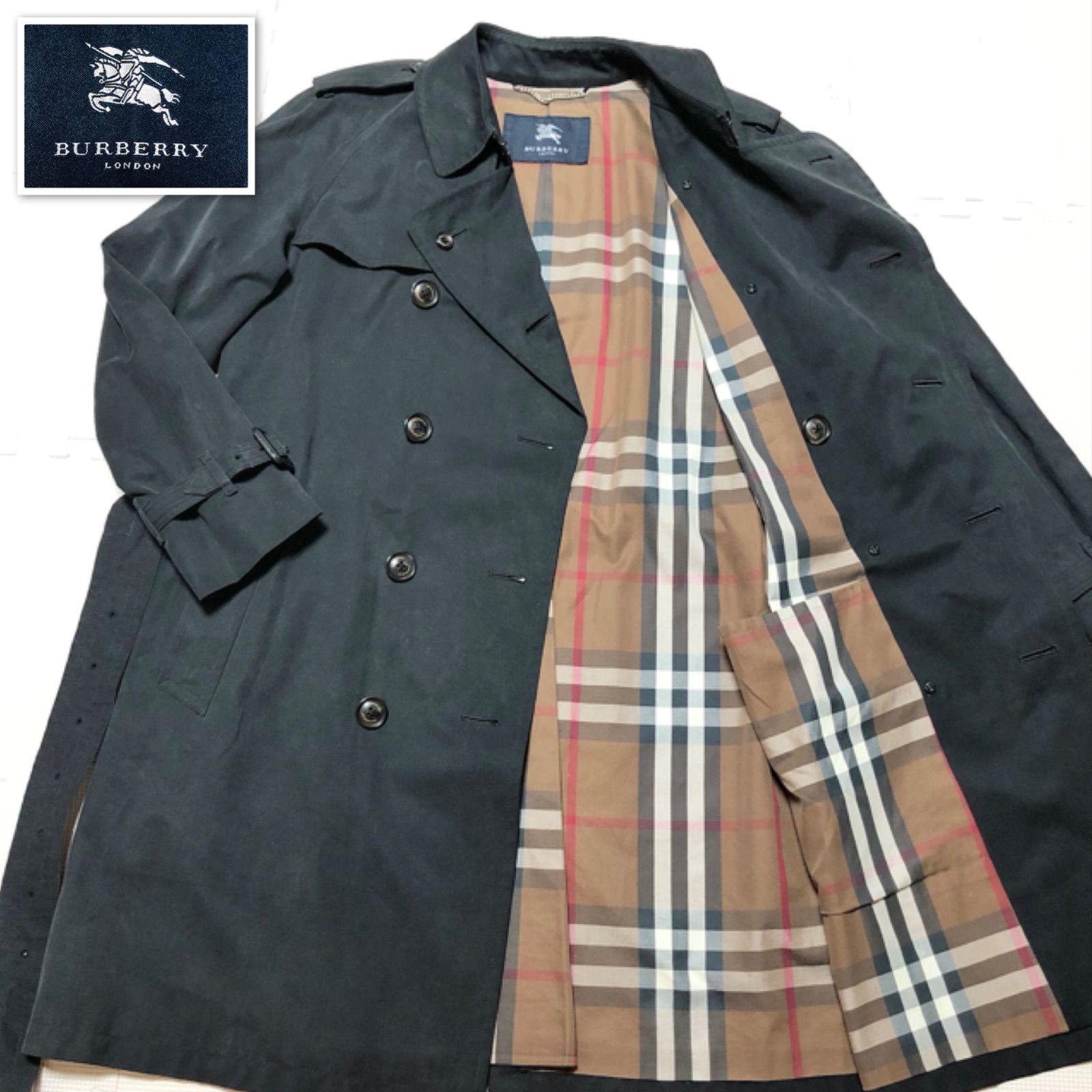 □美品□希少□BURBERRY LONDON バーバリーロンドン ダブルトレンチコート メガチェック ノバチェック sizeL 三陽商会 日本製  ブラック ベルト付き コットン100% バックル部分牛革 水牛ボタン メンズ - メルカリ