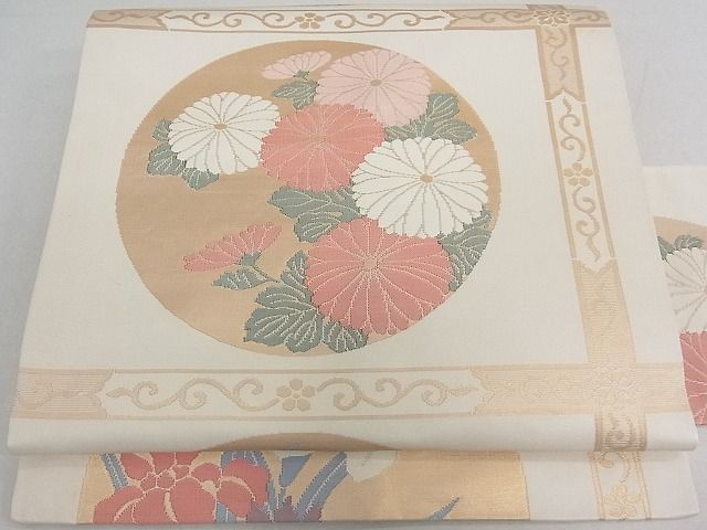 平和屋-こころ店■夏物　九寸名古屋帯　駒刺繍　鏡裏花文　正絹　逸品　B-jd3206