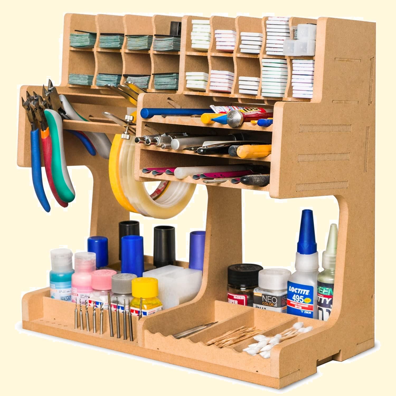 【人気商品】Bucasso プラモデル ペイントラック モデルツール収納ラック MDF素材 ガンプラ 工具収納 筆収納 専用塗料ラック 工作用品置き場 筆/ツールホルダー 作業台 道具入れ 木製組立キット 組立式模型用塗料棚 プラモ製作用収納 組み立てキット