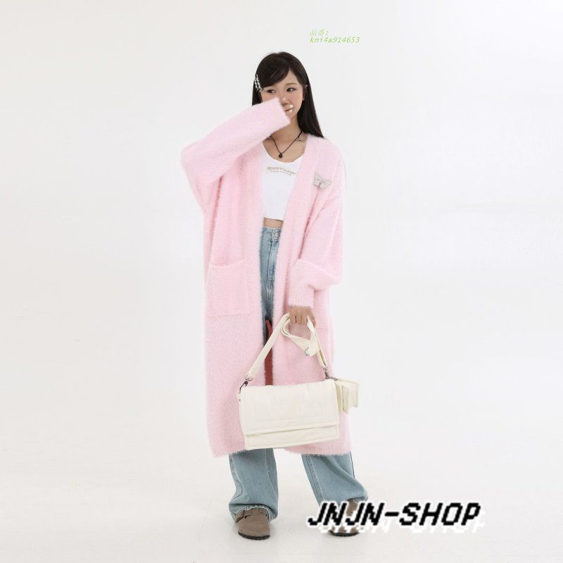 カーディガン モヘアニット レディース 大人ニット ブローチ付 ロング丈 4色 秋 通勤 冬 20代 保温 旅行 お洒落 通学 デート kni4a914653