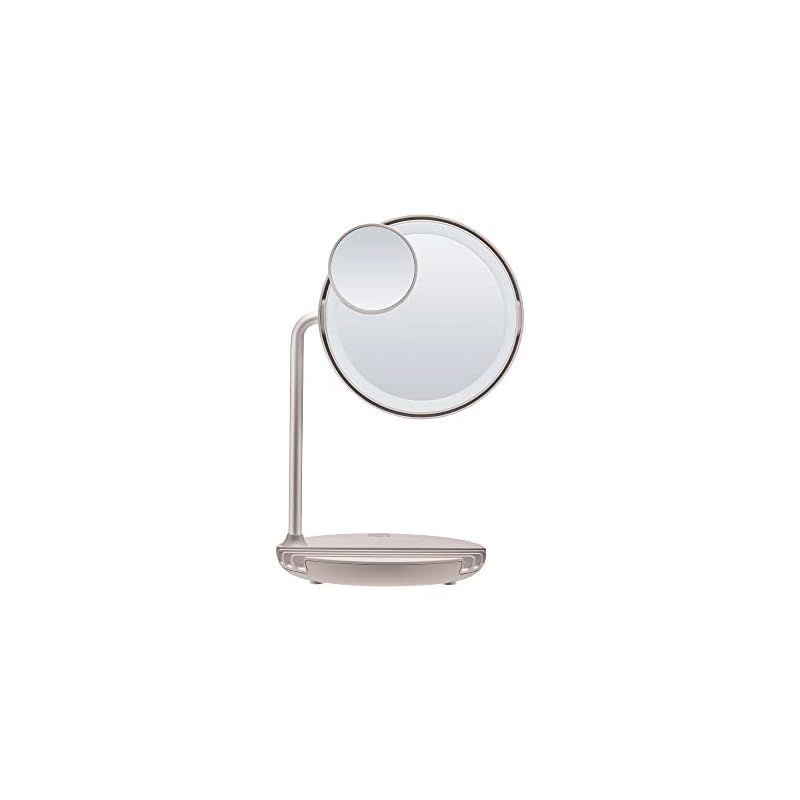 FESTINO フェスティノ 充電式LEDファンミラー SMHB-032 メイクミラー 5倍拡大鏡付き LEDライト＆送風ファン搭載 自然光 180度回転 スマホ充電 USB給電口付き サンドベージュ 1