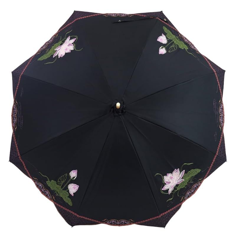 シノワズリーモダン 日傘 女優日傘 蓮花 オーガンジー刺繍 長日傘 完全遮光 遮熱 逃熱 UVカット かわず張り 涼しい 晴雨兼用傘 ブラック 1