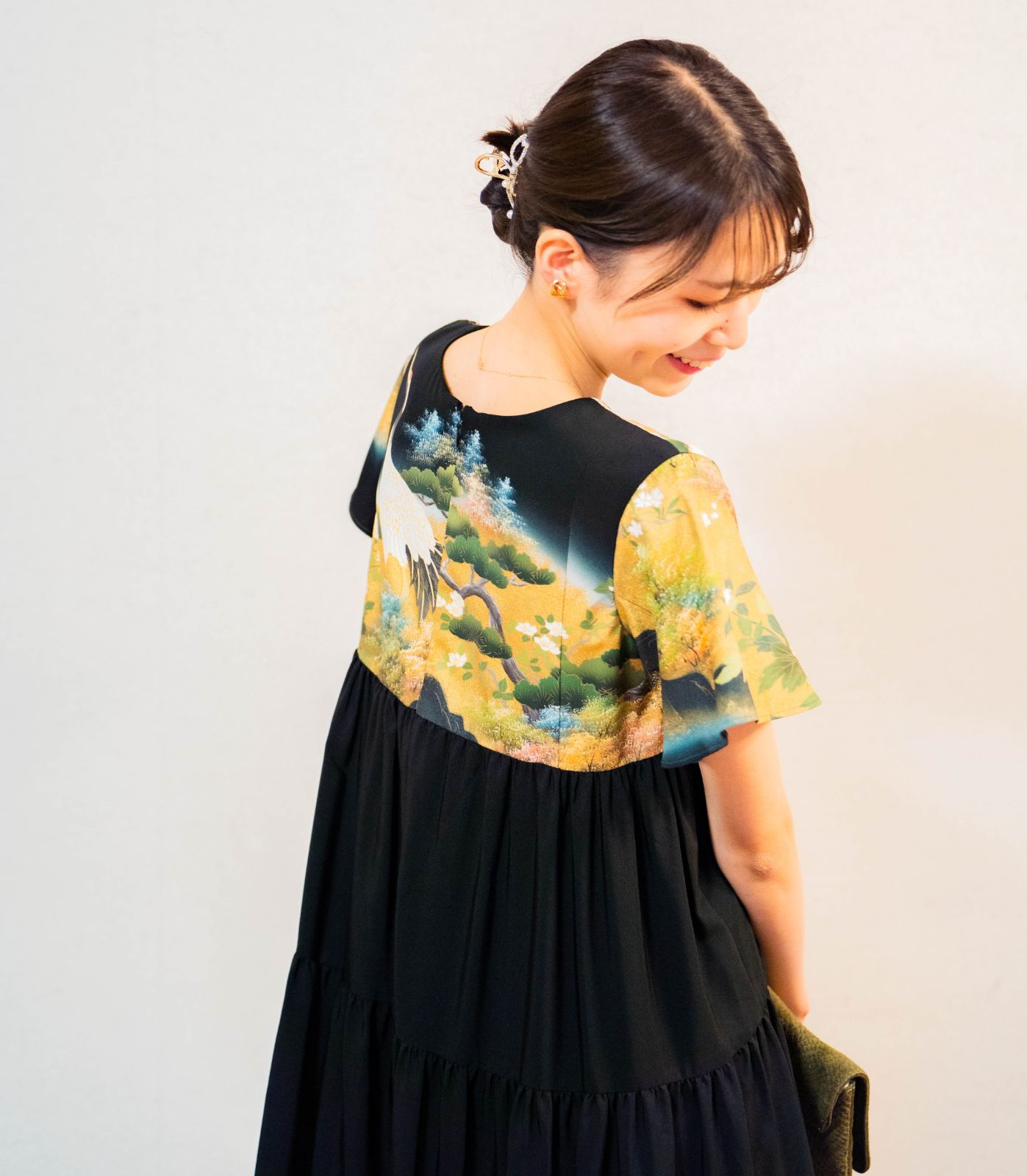 Kanata着物リメイク☆黒留袖 フレアスリーブ4段ティアードドレス