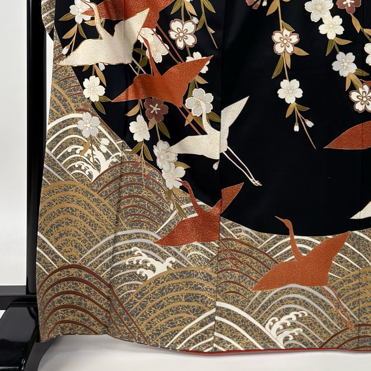 振袖 身丈166cm 裄丈65cm M 袷 鶴 桜 金糸 金彩 黒 正絹 秀品