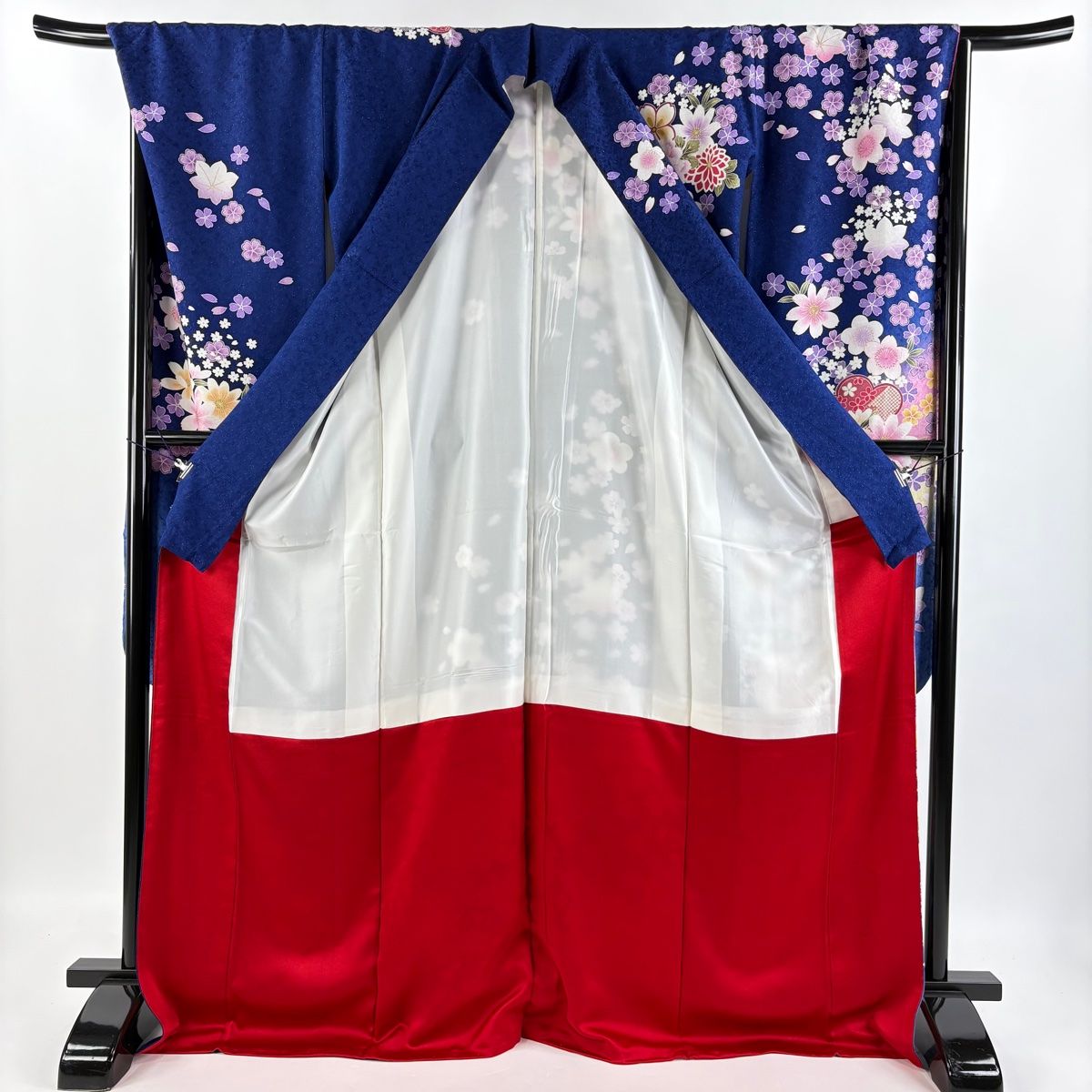 振袖 身丈171cm 裄丈69cm L 袷 桜 菊 箔 銀通し 青紫 正絹 逸品