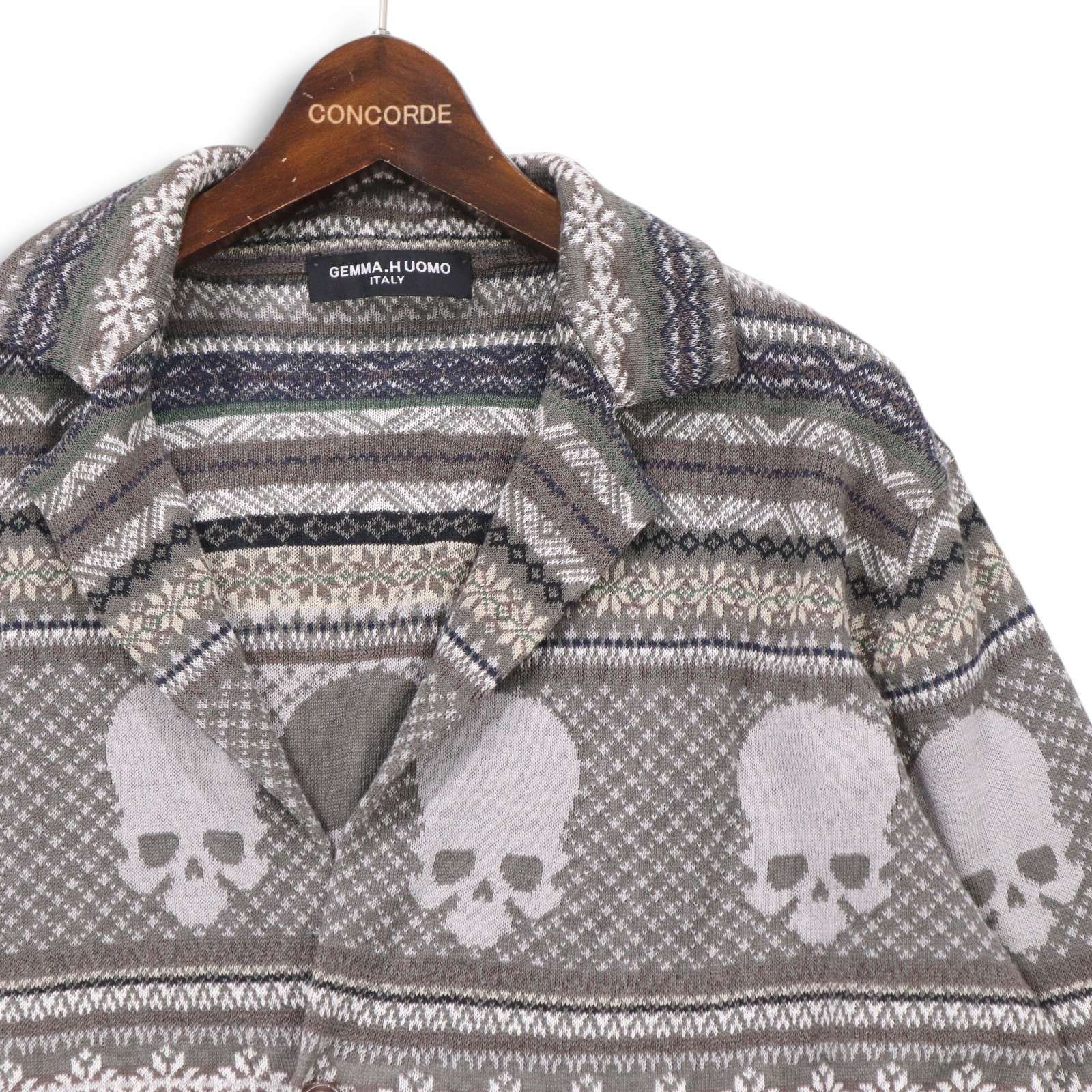 伊製 GEMMA.H UOMO ジャンマアッカウォモ 春夏 麻100% スカル ノルディック柄 リネン ニット ジャケット Sz.L　メンズ