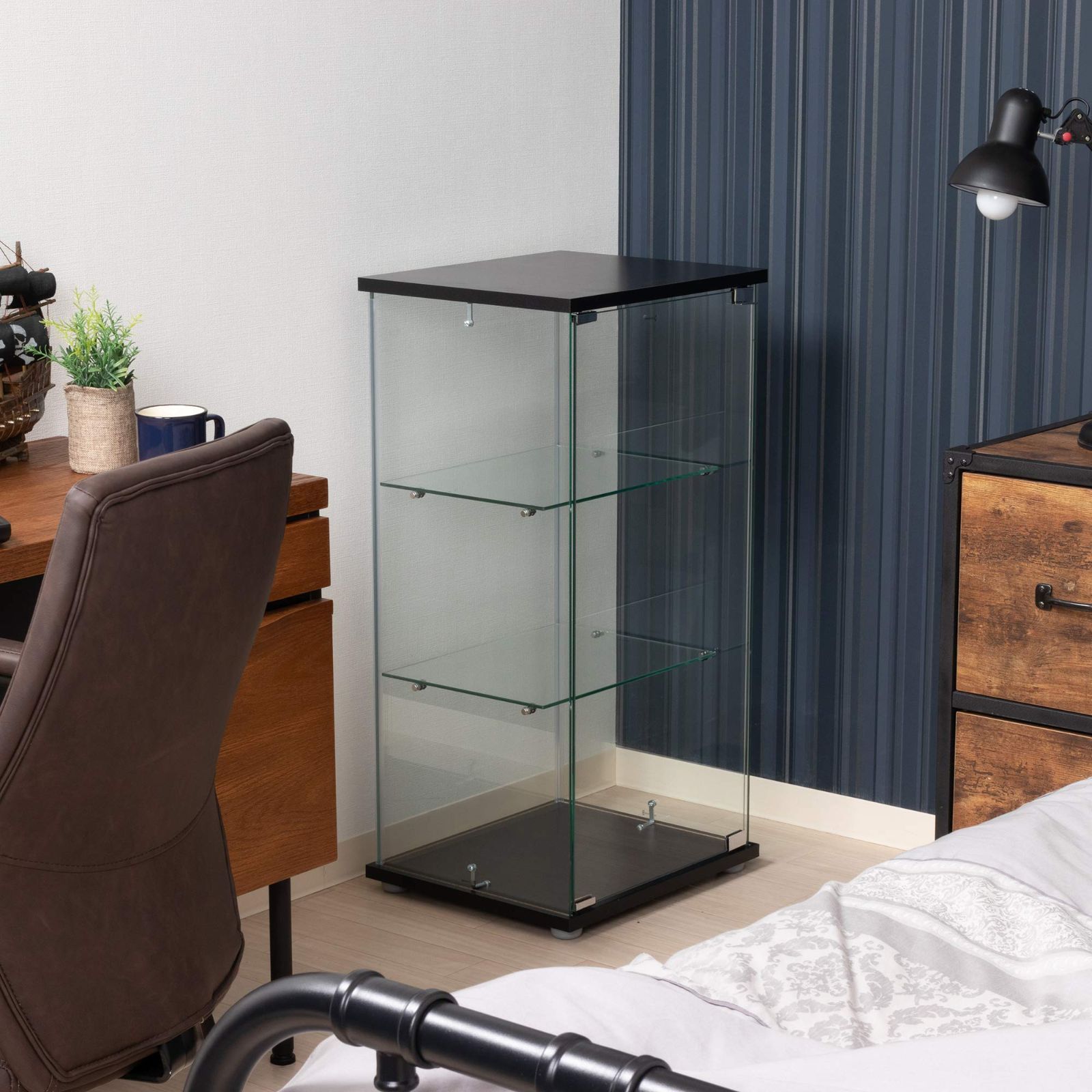 98881 クリア 組立商品 全面ガラス 強化ガラス ブラック 幅42.5×奥行36.5×高さ86cm 3段 フィギュアケース ケース 不二貿易