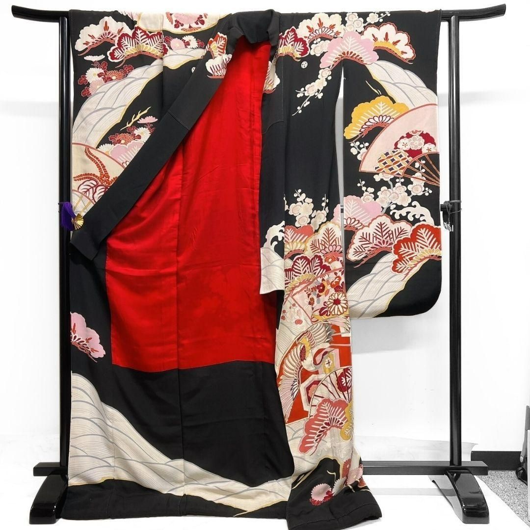 アンティーク金駒刺繍刺繍鶴扇梅花振袖成人式日 着物 024a p