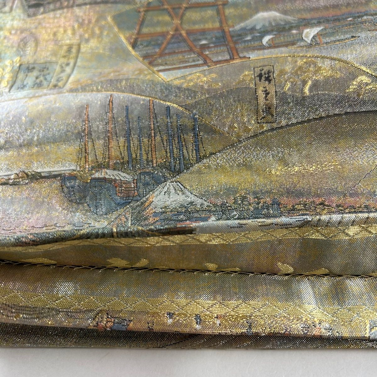 袋帯 美品 名品 風景 扇面 金糸 箔 銀色 お太鼓柄 正絹 【中古