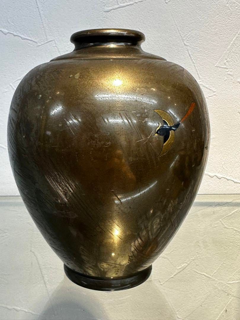 明治時代金属工芸 金銀象嵌鳥図銅花瓶 15cm 本け0716 1F
