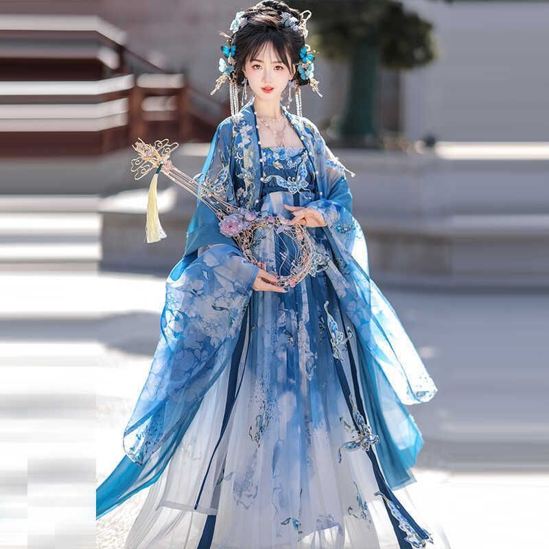 漢服 コスプレ 幅広袖上衣 ロングドレス ストール 3点セット 蝶のプリント生地 グラデーション 蝶 パール 立体的装飾 ハロウィン 唐装 ステージ イベント パーティー 衣装 上衣下裳 中華服 セッ
