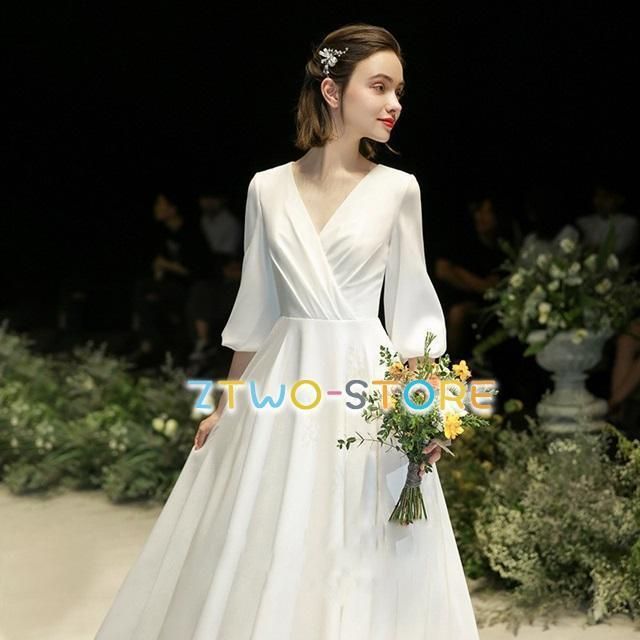 ウェディングドレス 袖あり ウェディングドレス 大きいサイズ 3L 4L 小さいサイズ ウェディングドレス 二次会 シンプル カシュクール VネッWP日替わり 104