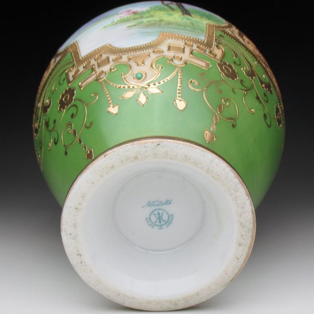 オールドノリタケ グリーン地金盛りジュール湖畔風景絵 花瓶 20cm