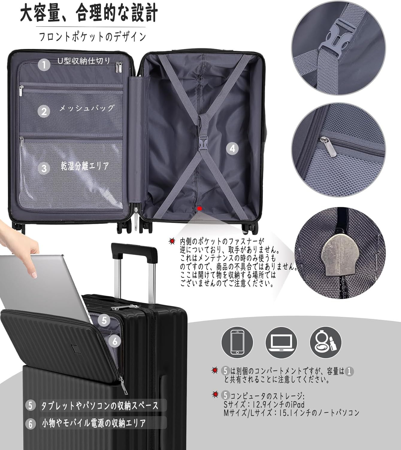 Ashard] キャリーケース 多機能 スーツケース ストッパー付き