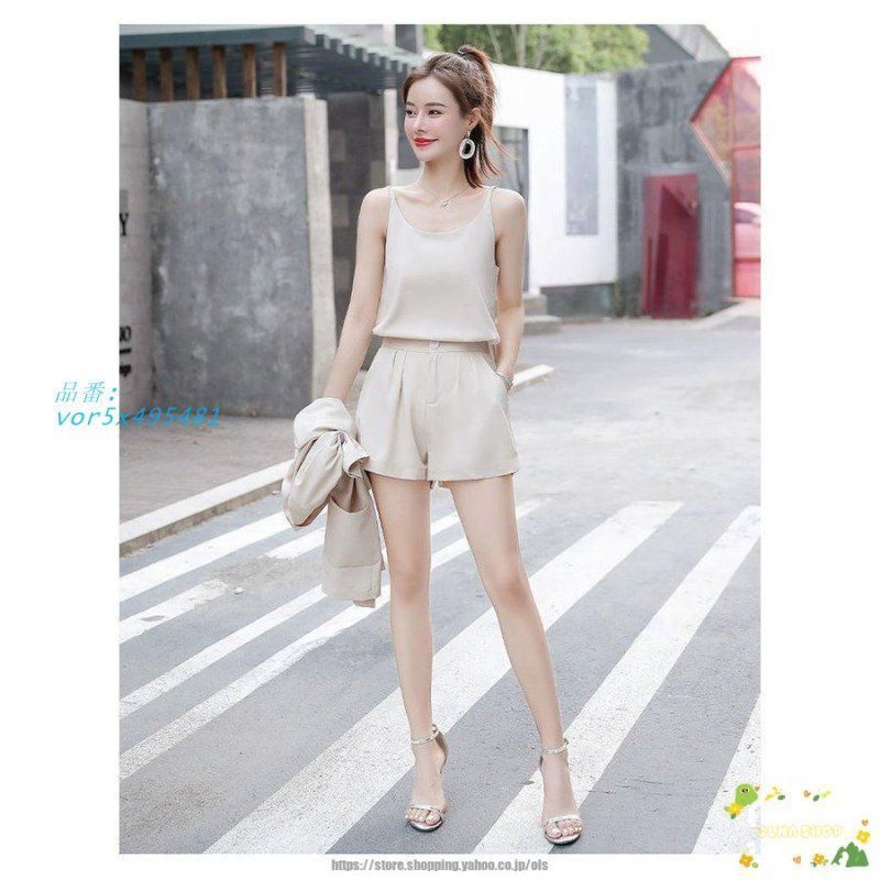 何でも揃う。 セットアップ レディース 夏 ジャケット ブレザー キャミ ワイドパンツ 通勤 20代30代40代 OL スーツ ウェストゴム 3点セット おしゃれ ショートパンツ オフィス vor5x495481