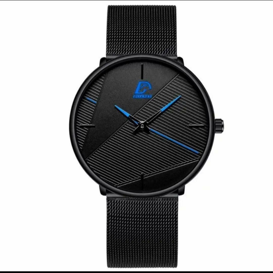 腕時計 男性 超薄型 ステンレス鋼 ステンレスベルト クォーツ腕時計 黒 ...