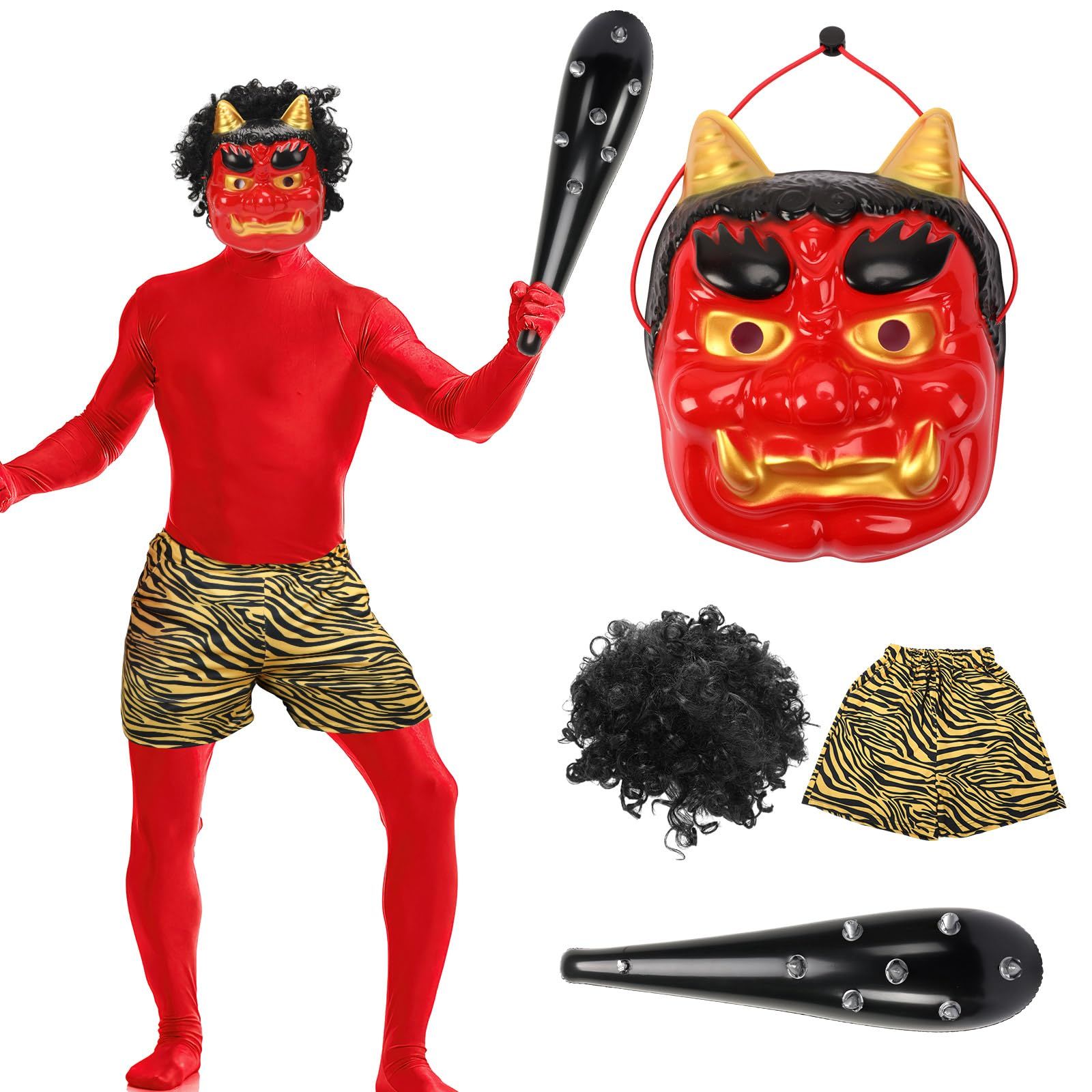 【人気商品】鬼のお面 鬼のパンツ コスプレ かつら 鬼 棍棒 鬼 仮装 鬼 節分イベント 節分 豆まき 節分 撮影 お面 オニ退治 4点セット 節分祭 衣装 コスチューム [Neiang]