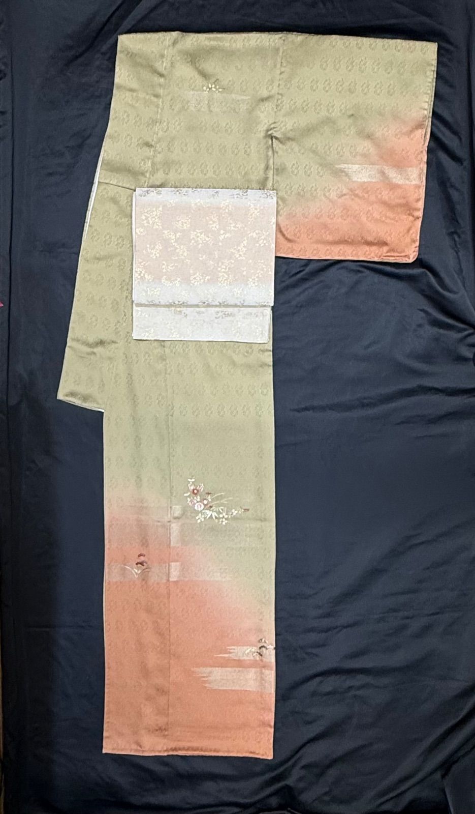 k31⭐️うぐいす色刺繍訪問着⭐️豪華絢爛トールサイズ身丈167cm