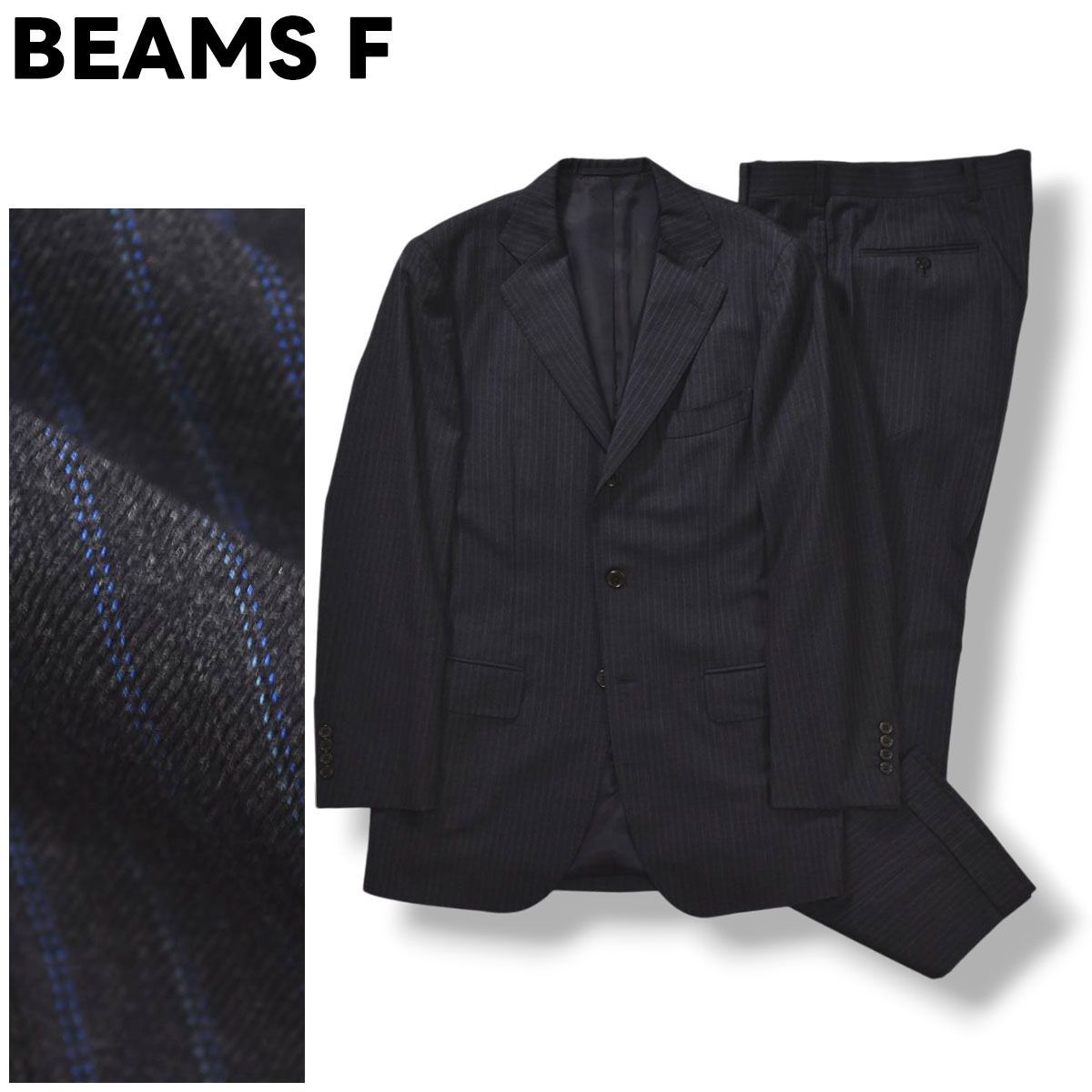 上品 日本製 ビームス エフ BEAMS F 3B シングル スーツ セットアップ 上下 テーラード ジャケット スラックス パンツ 93 ピンストライプ ダークグレー ビジネス カジュアル フォーマル メンズ