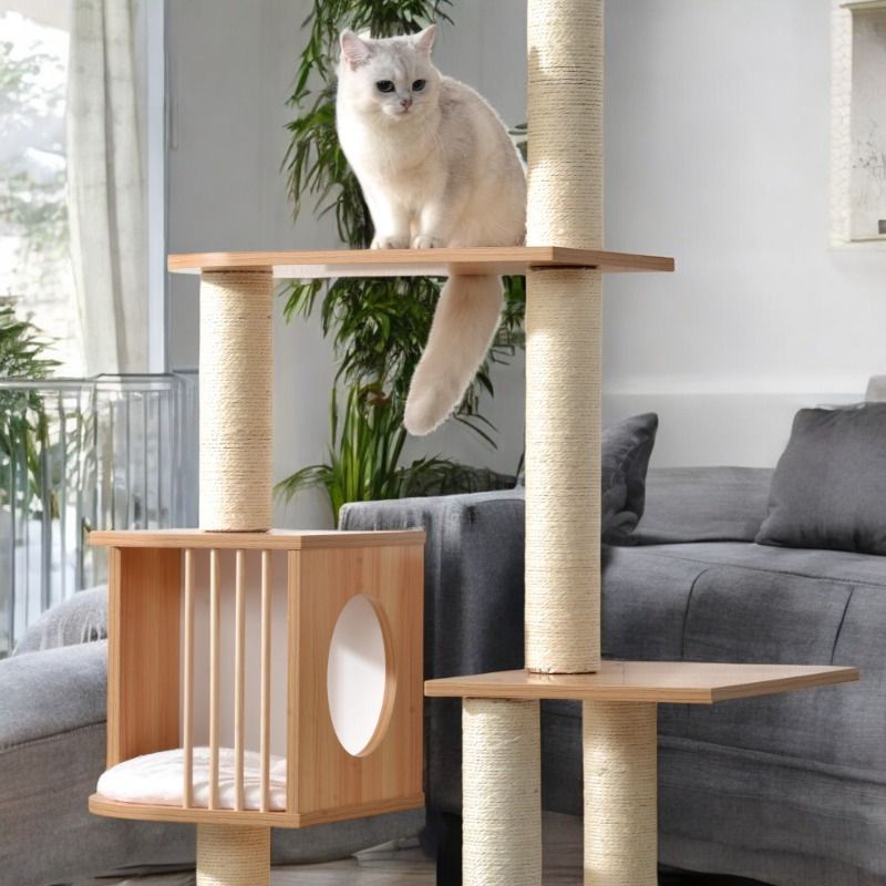 新着商品 シサル製スクラッチポスト付き頑丈な木製キャットタワー 快適なベッド＆遊び心のあるボール - 猫のための安全なペットヘブンaWs