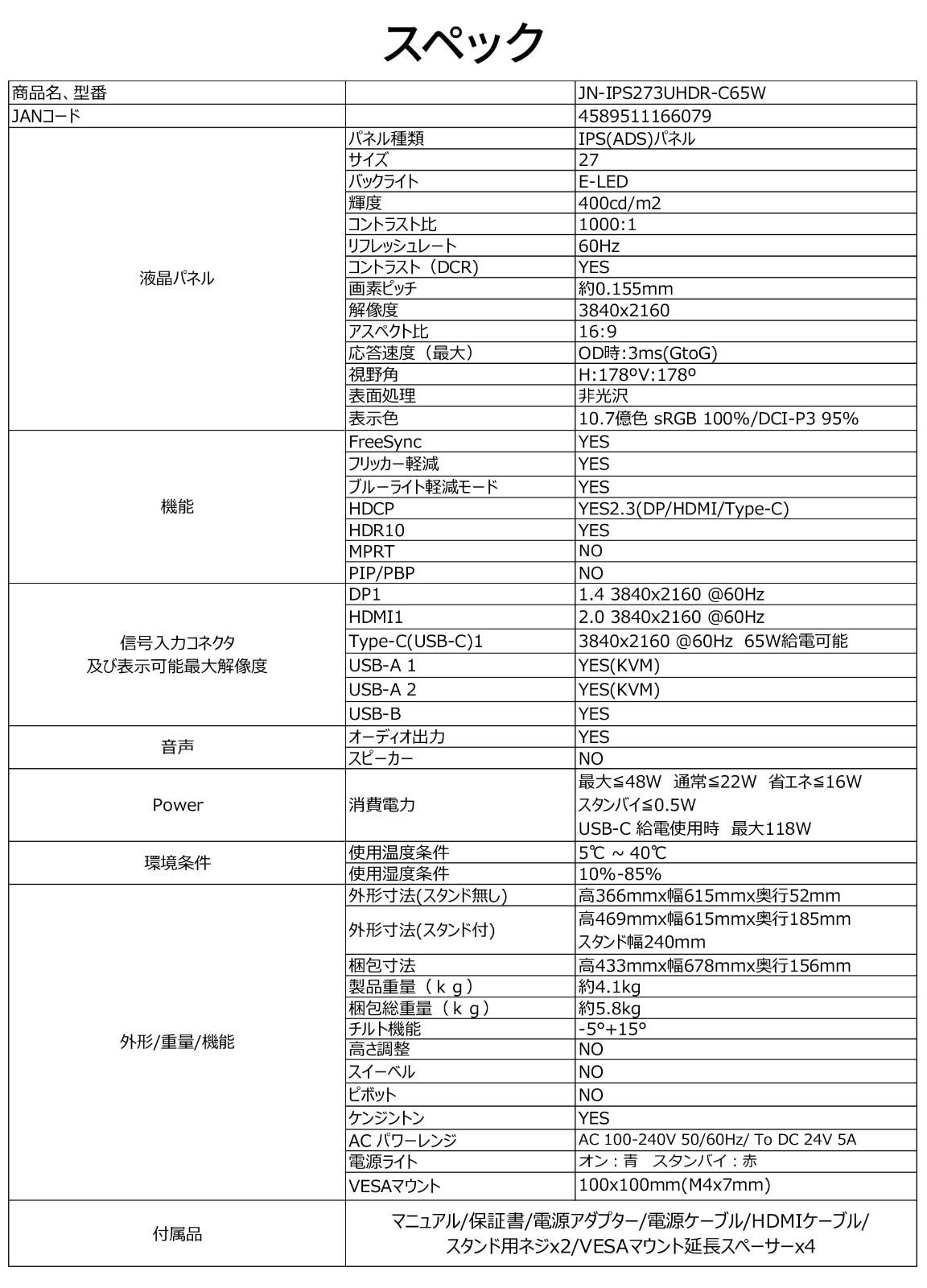 在庫処分 HDR Type-C sRGB USB DP DCI-P3 HDMI JN-IPS273UHDR-C65W 95% 液晶モニター 4K 3840x2160 解像度 USB-C給電 最大65W IPSパネル搭載 27インチ KVM機能 JA WWW_NOITHATQUANGTHANH_NET