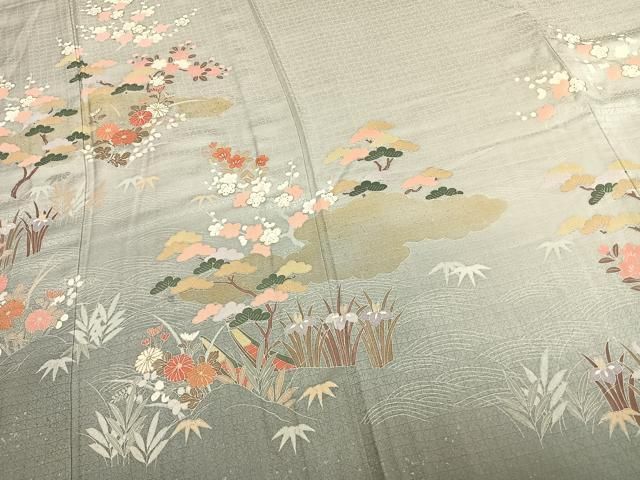 平和屋着物▽訪問着 単衣 雲取り草花文 金銀彩 正絹 逸品 AABC3732fy