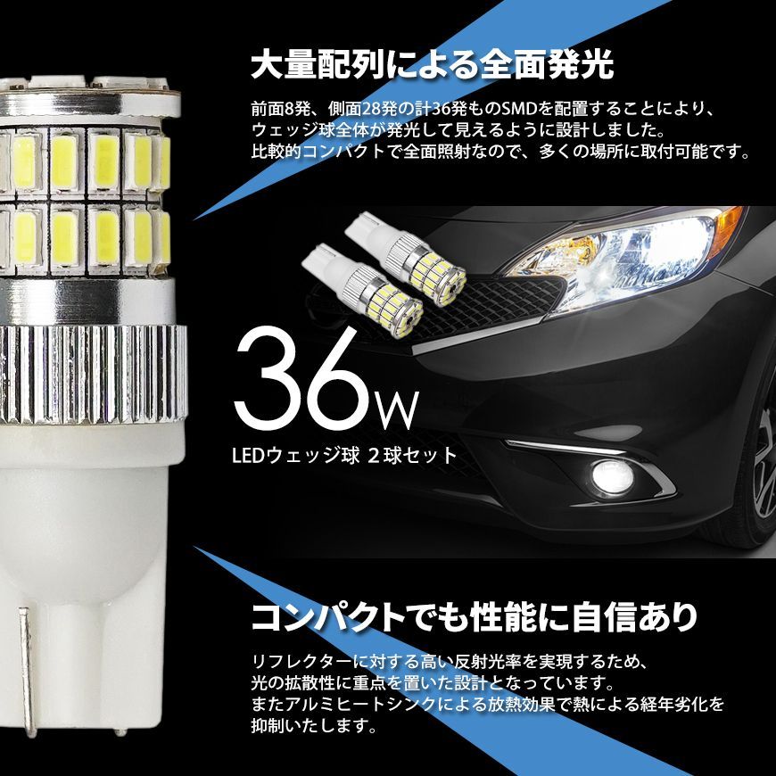 ■SEEK 公式■ T10 / T16 LED ポジション / バックランプ / サイドマーカー / テールランプ 白 黄 赤 青 ウェッジ球 36W 3014SMD ネコポス 送料無料