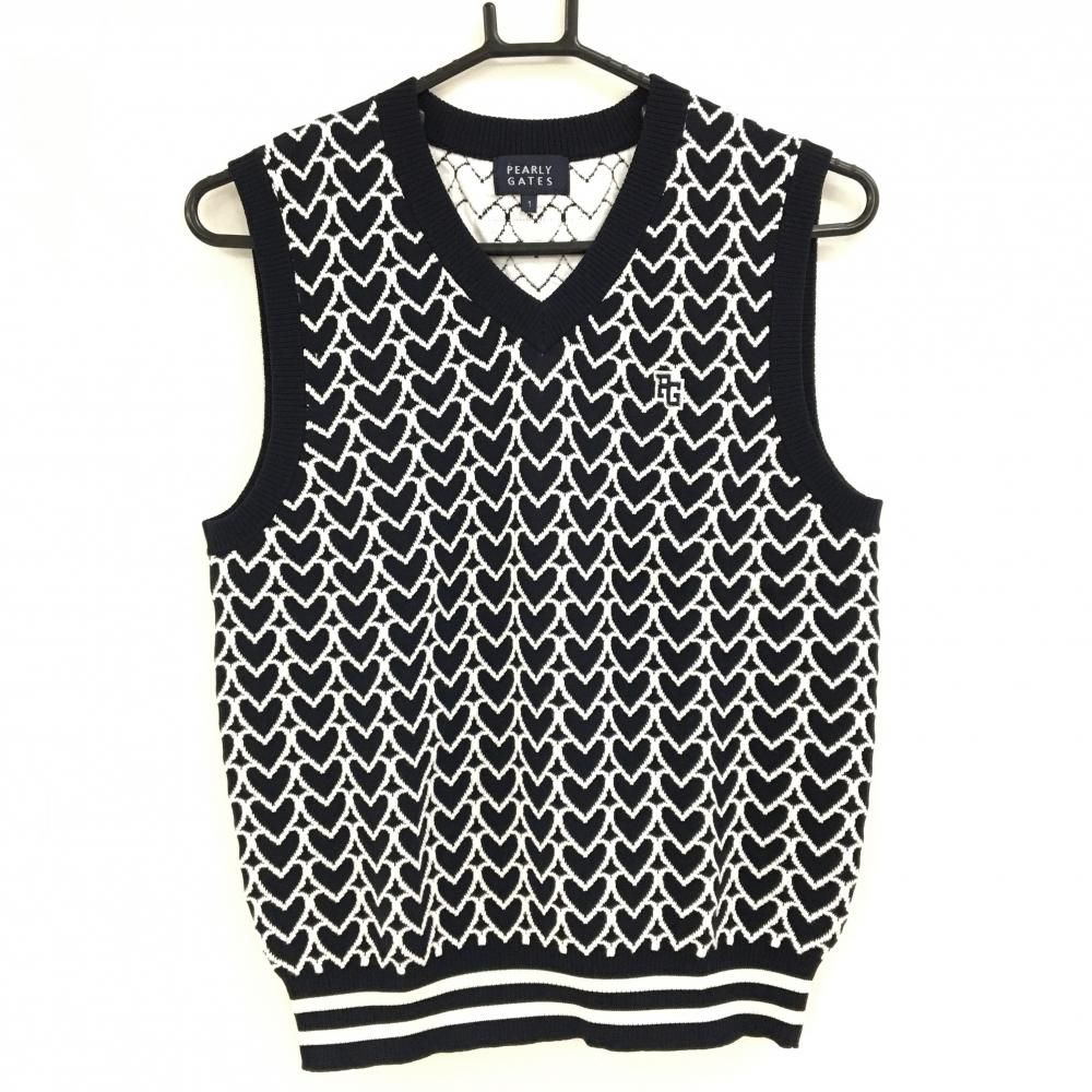超 パーリーゲイツ ニットベスト ネイビー×白 ハート柄 コットン混 レディース 1 M ゴルフウェア PEARLY GATES