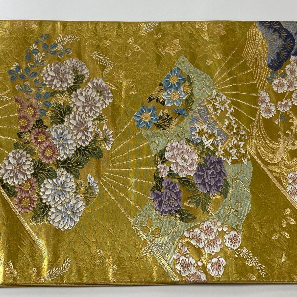 競ナビ】袋帯 美品 秀品 団扇 花鳥 金銀糸 箔 金色 六通 正絹 【