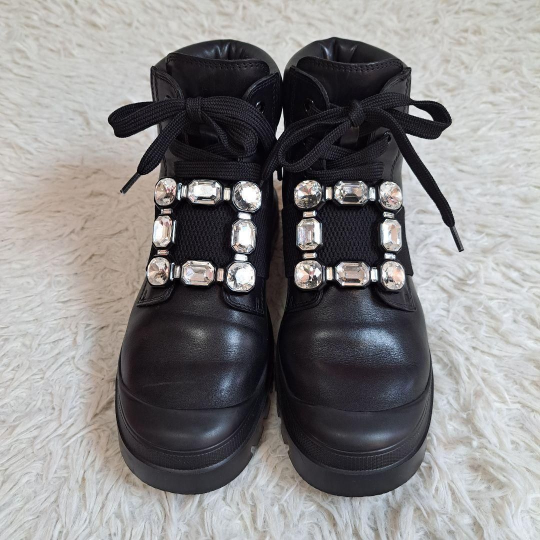 ROGER VIVIER ロジェヴィヴィエ ウォーキーヴィヴ ストラスバックルブーツ 近年モデル WALKEY VIV スクエアバックル ビジュー ミドルブーツ レースアップ リボン 37 1|2 ブラック