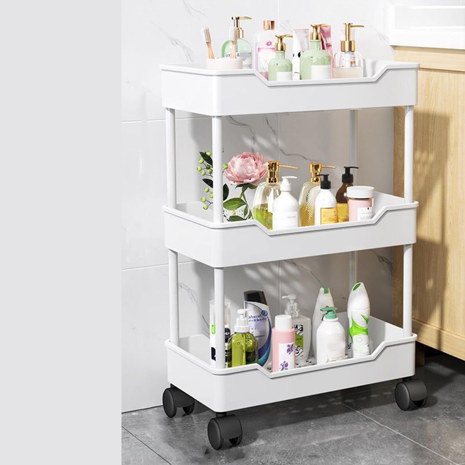 Frylr キッチンワゴン キャスター ハンドル 付き スリムワゴン 大理石柄 木製 隙間収納 15*40*85cm 収納カート キッチンカート Frylr キッチンワゴン キャスター ハンドル 付き スリムワゴン 木製