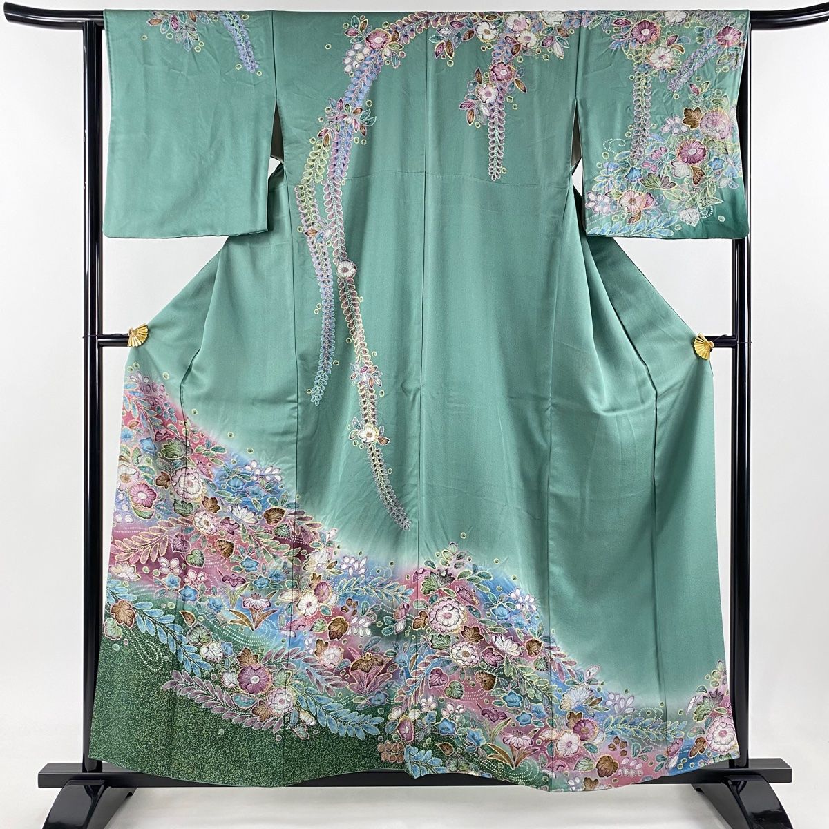 訪問着 身丈158cm 裄丈64.5cm M 袷 草花 金彩 ぼかし 緑 正絹