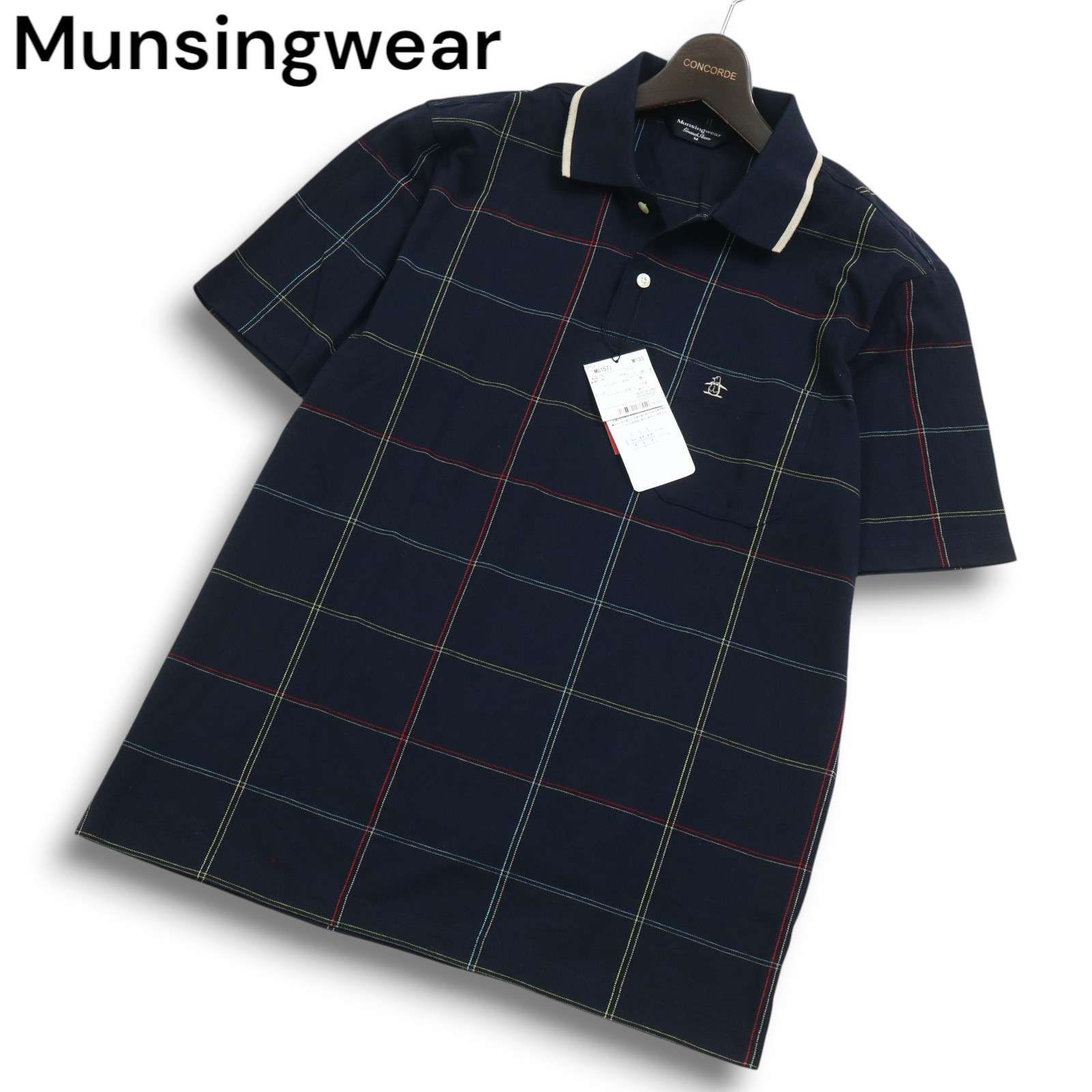 美品✨️マンシングウェア 刺繍ポロシャツ ネイビー チェック柄 半袖 　LL 新品 未使用】 Munsingwear マンシングウェア ゴルフ 春夏