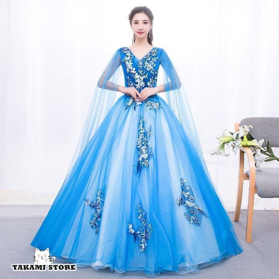 ウエディングドレス ドレス 二次会 花嫁 大きいサイズ 3L 4L 青 ブルー ロングドレス プリンセスライン Vネック ケープ袖 フラワー