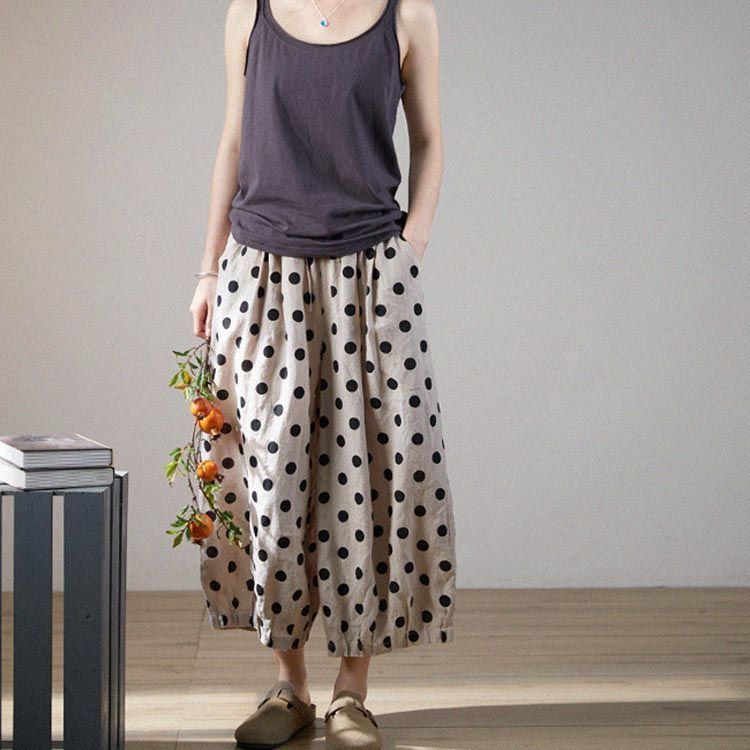 リゼッタ　リネン　ガウチョパンツ　ワイドパンツ　水玉　ドット柄　ネイビー　36 リゼッタ リネン ガウチョパンツ ワイドパンツ 水玉 ドット柄
